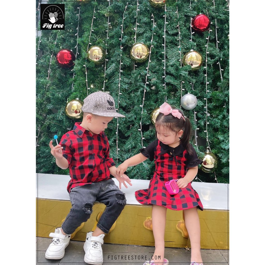 Combo Sơ Mi Váy Gia Đình Fig Tree Caro Đỏ Đen Mã 122A (Yếm Bé Gái Kèm Áo Thun)