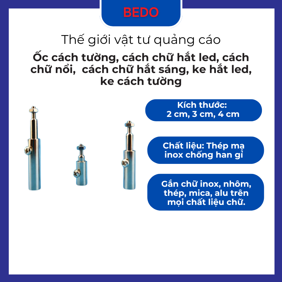 Combo 10 Ốc cách tường BEDO - Ke hắt LED, chân chữ nổi, phụ kiện gắn chữ mica inox alu quảng cáo chắc chắn