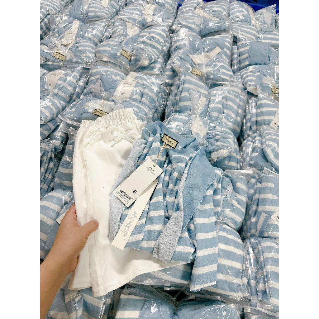 Set đồ nữ áo thun dài tay kẻ ngang xanh trắng mix khăn quàng Jumito, đồ bộ nữ áo cổ tròn mix chân váy đính nơ D1783