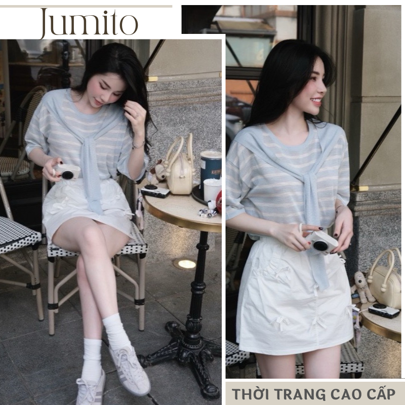Set đồ nữ áo thun dài tay kẻ ngang xanh trắng mix khăn quàng Jumito, đồ bộ nữ áo cổ tròn mix chân váy đính nơ D1783