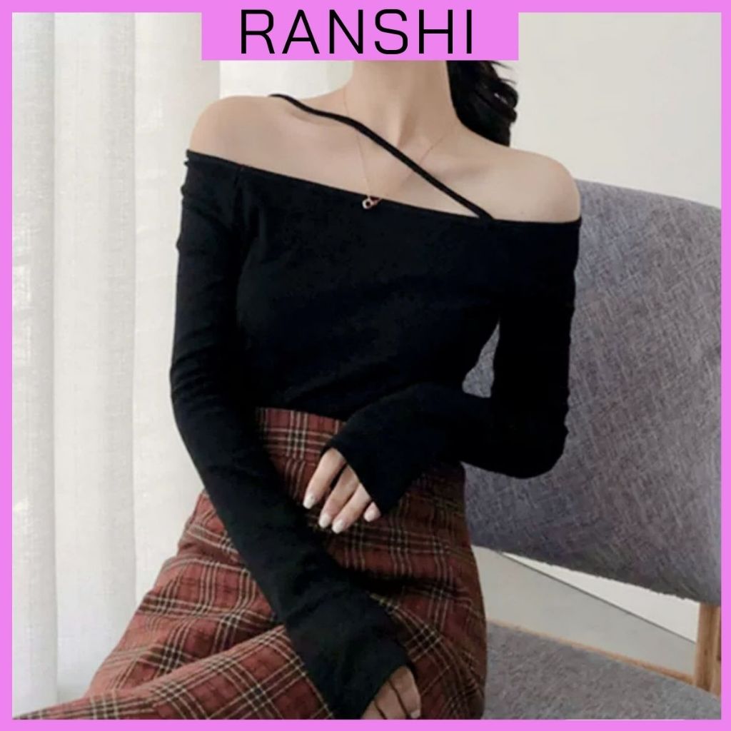 Áo Dài tay Trễ Vai RANSHI Thiết Kế Dây Ngang Vai Ôm Body Tôn Dáng Kiểu Basic Dễ Phối Đồ Chất Thun Gân Dày Dặn - RA259