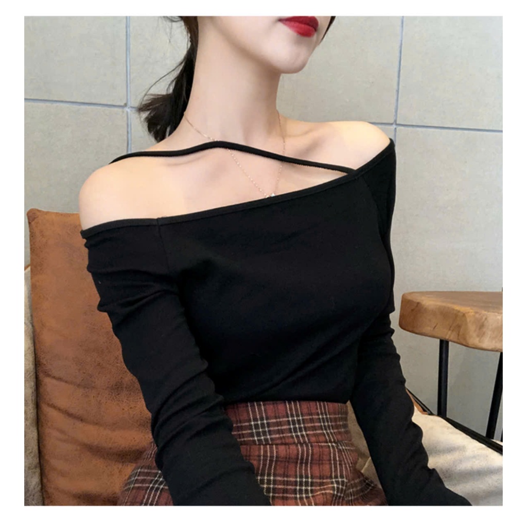 Áo Dài tay Trễ Vai RANSHI Thiết Kế Dây Ngang Vai Ôm Body Tôn Dáng Kiểu Basic Dễ Phối Đồ Chất Thun Gân Dày Dặn - RA259