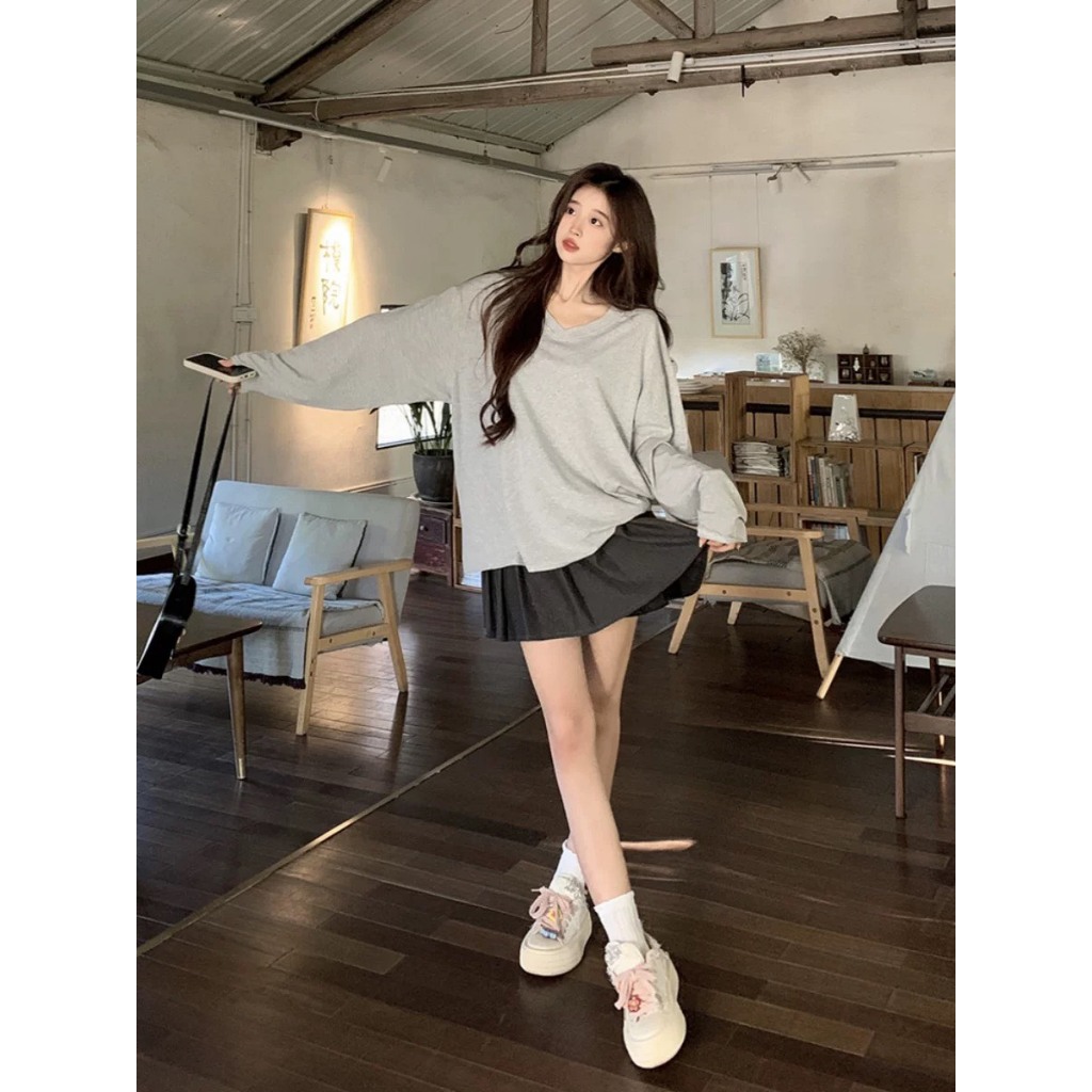 ÁO TAY DÀI CỔ TIM CHỮ ADVENTURESS FORM RỘNG CHẤT COTTON ĐƠN GIẢN DỄ PHỐI ĐỒ XINH ĐẸP OVESIZE<72KG