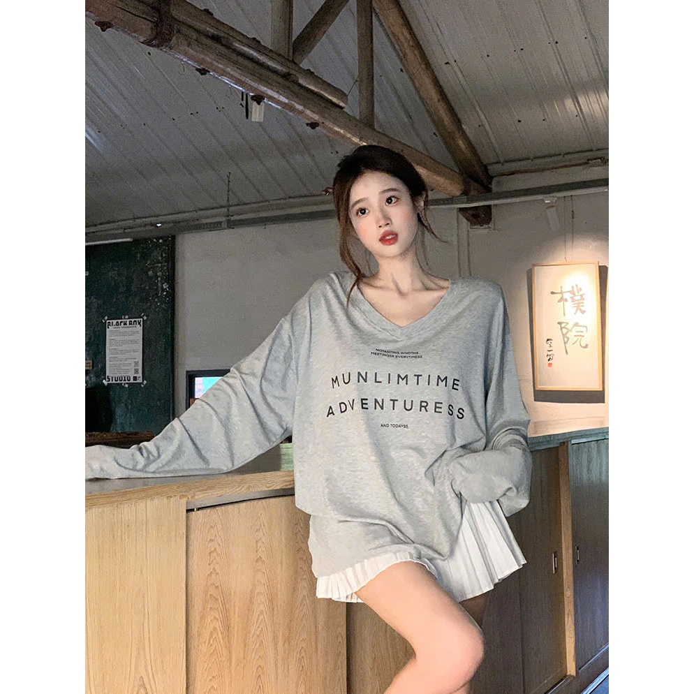 ÁO TAY DÀI CỔ TIM CHỮ ADVENTURESS FORM RỘNG CHẤT COTTON ĐƠN GIẢN DỄ PHỐI ĐỒ XINH ĐẸP OVESIZE<72KG