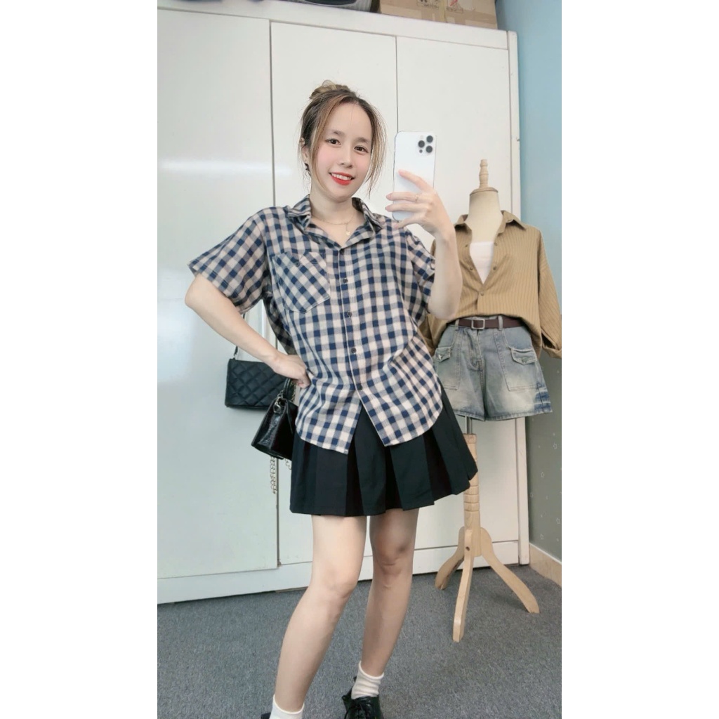 Áo Sơ Mi Kẻ Caro Cộc Tay 1 Túi V, Sơ Mi CARO Phối Màu Chất Đũi Mềm Mịn Mát