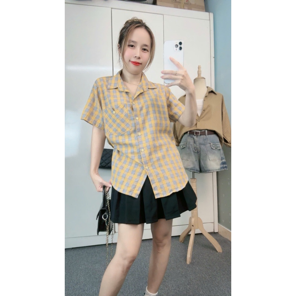 Áo Sơ Mi Kẻ Caro Cộc Tay 1 Túi V, Sơ Mi CARO Phối Màu Chất Đũi Mềm Mịn Mát