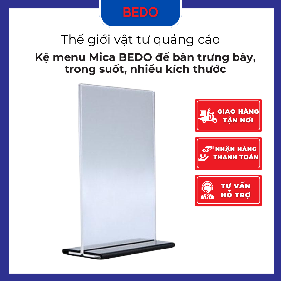 Kệ menu mica BEDO để bàn - Khung bảng giá, bảng QR, trưng bày trong suốt A4 A5 A6 nhiều kích thước