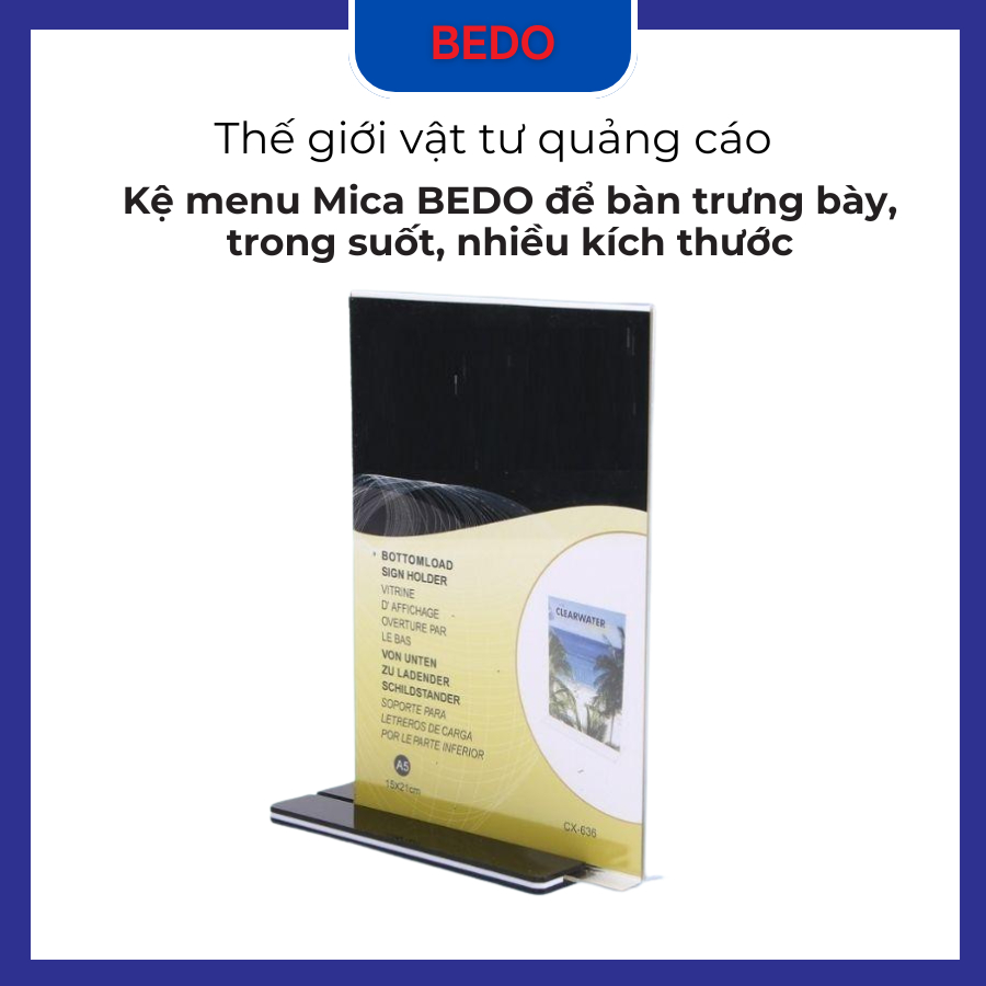 Kệ menu mica BEDO để bàn - Khung bảng giá, bảng QR, trưng bày trong suốt A4 A5 A6 nhiều kích thước