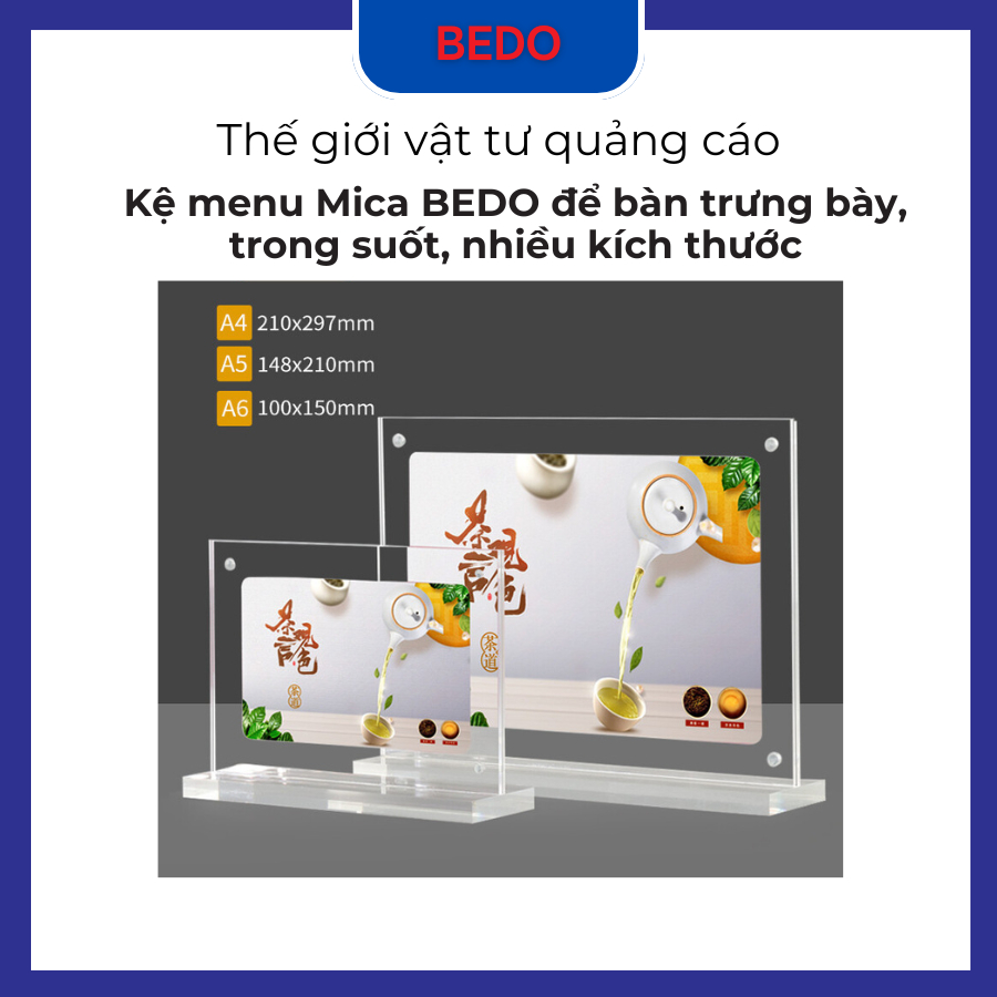Kệ menu mica BEDO để bàn - Khung bảng giá, bảng QR, trưng bày trong suốt A4 A5 A6 nhiều kích thước