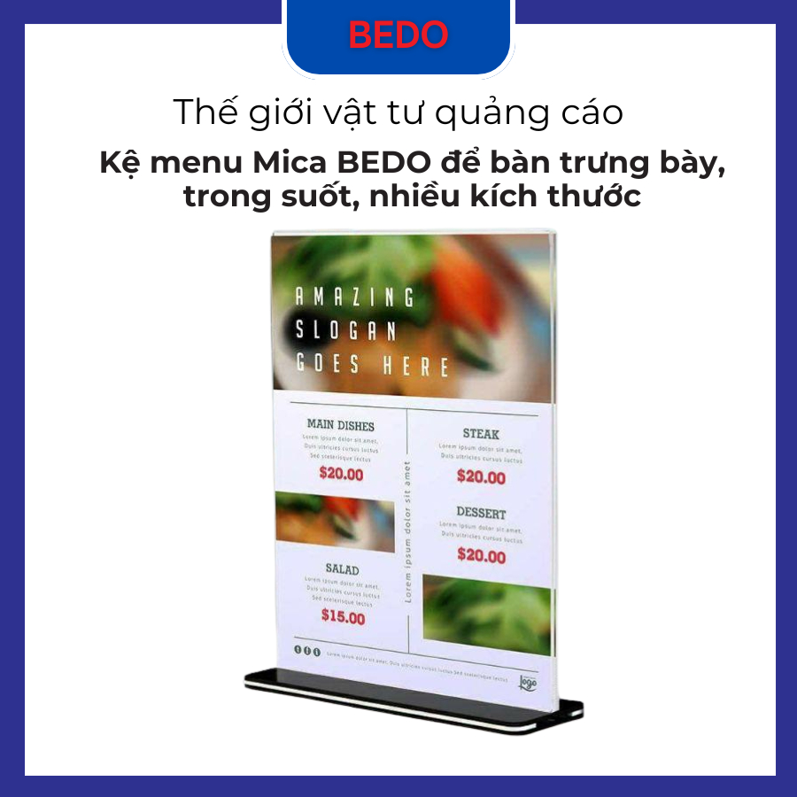 Kệ menu mica BEDO để bàn - Khung bảng giá, bảng QR, trưng bày trong suốt A4 A5 A6 nhiều kích thước