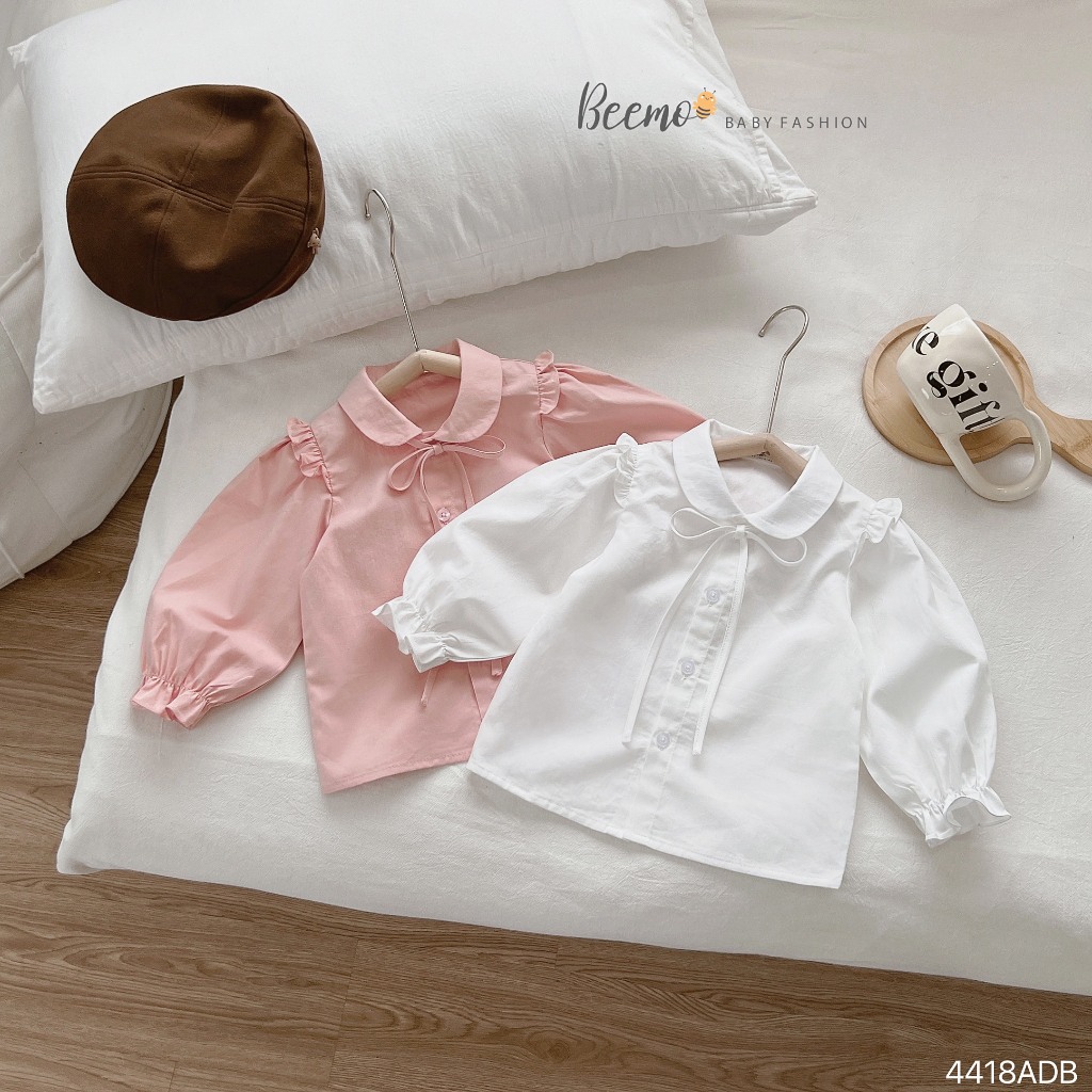 Áo sơ mi bé gái cổ sen phối nơ tay bồng, áo sơ mi dài tay bé gái xinh xắn dễ thương Beemo
