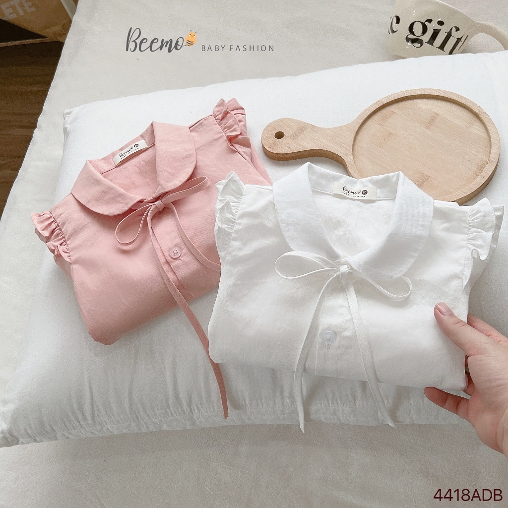 Áo sơ mi bé gái cổ sen phối nơ tay bồng, áo sơ mi dài tay bé gái xinh xắn dễ thương Beemo