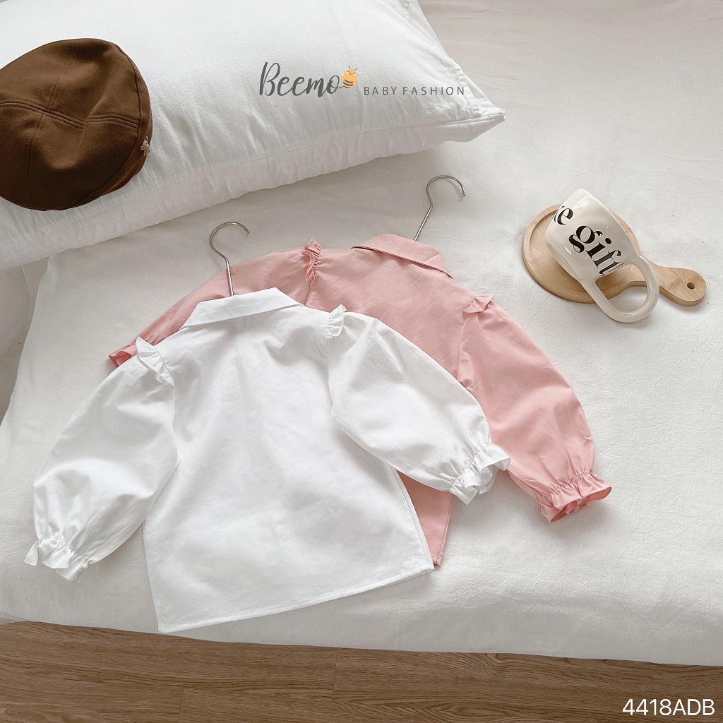 Áo sơ mi bé gái cổ sen phối nơ tay bồng, áo sơ mi dài tay bé gái xinh xắn dễ thương Beemo