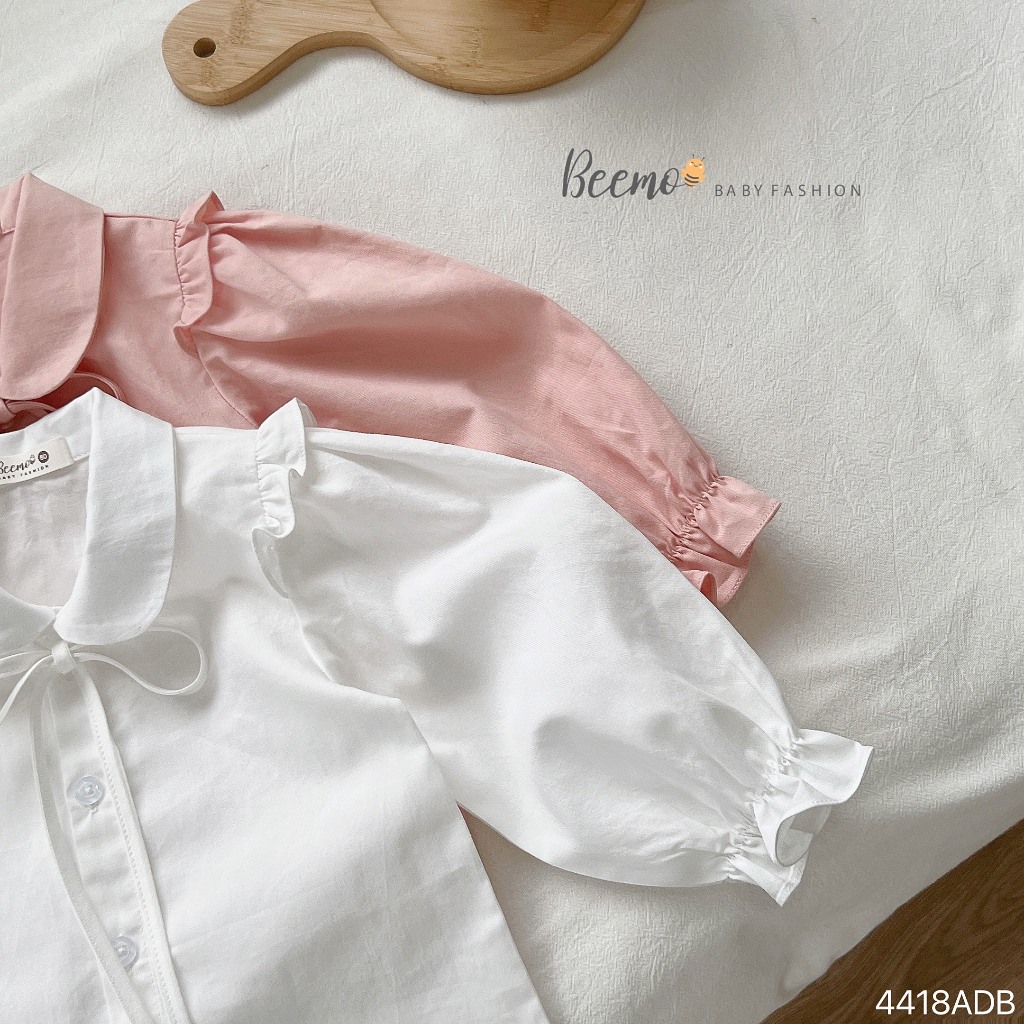 Áo sơ mi bé gái cổ sen phối nơ tay bồng, áo sơ mi dài tay bé gái xinh xắn dễ thương Beemo