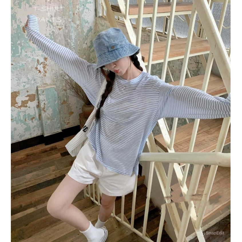 Set đồ nữ áo thun dài tay cổ tròn kẻ ngang xanh trắng mix quần short Jumito, đồ bộ nữ phong cách trẻ trung D1757