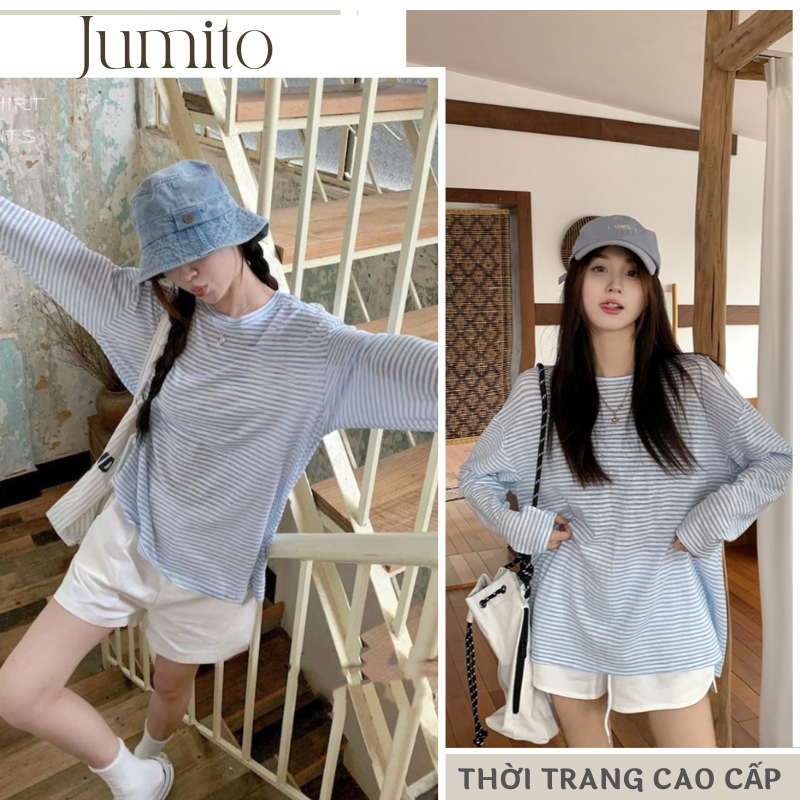 Set đồ nữ áo thun dài tay cổ tròn kẻ ngang xanh trắng mix quần short Jumito, đồ bộ nữ phong cách trẻ trung D1757