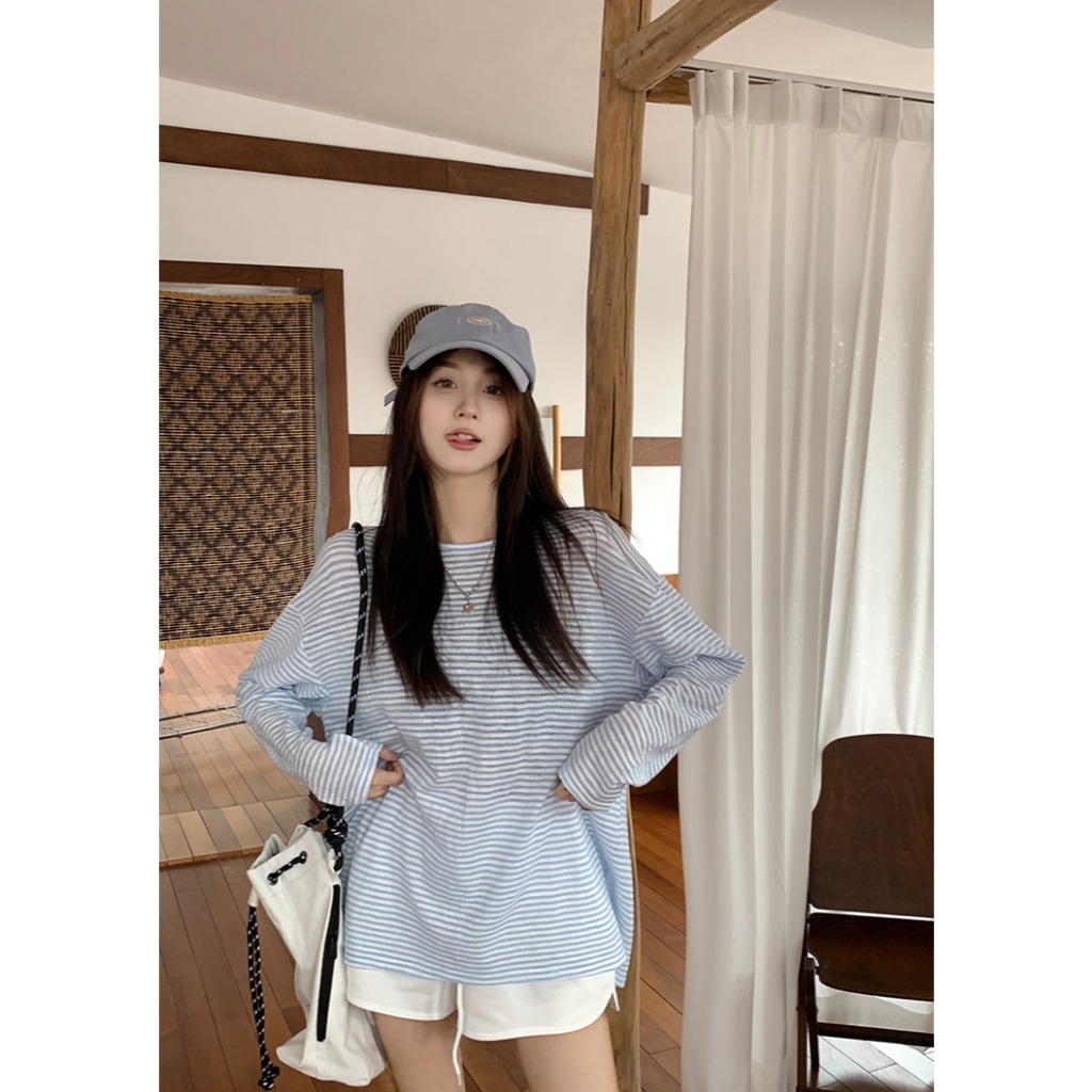 Set đồ nữ áo thun dài tay cổ tròn kẻ ngang xanh trắng mix quần short Jumito, đồ bộ nữ phong cách trẻ trung D1757