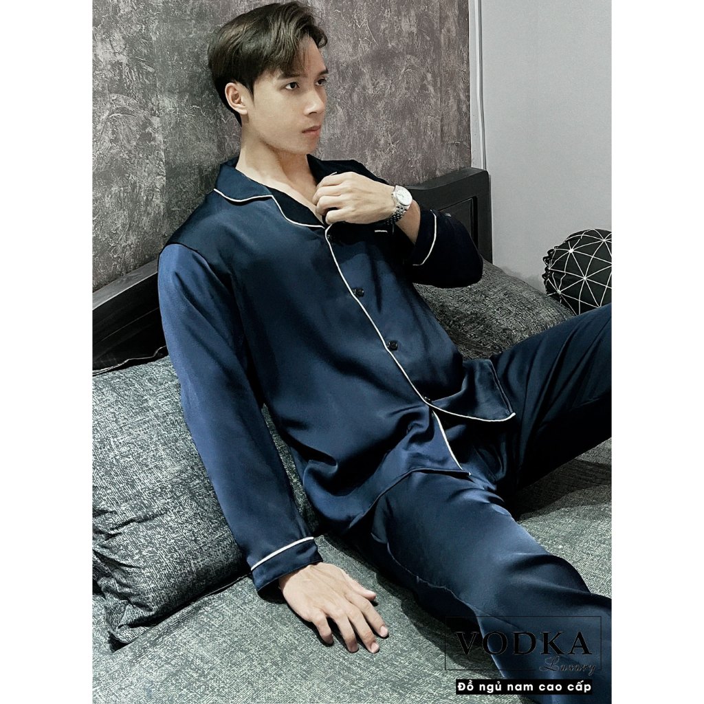 Đồ ngủ nam pijama nam mặc nhà màu xanh than trơn sang trọng dài