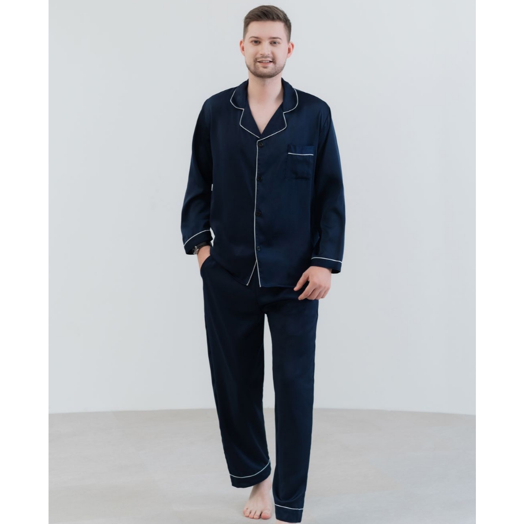 Đồ ngủ nam pijama nam mặc nhà màu xanh than trơn sang trọng dài