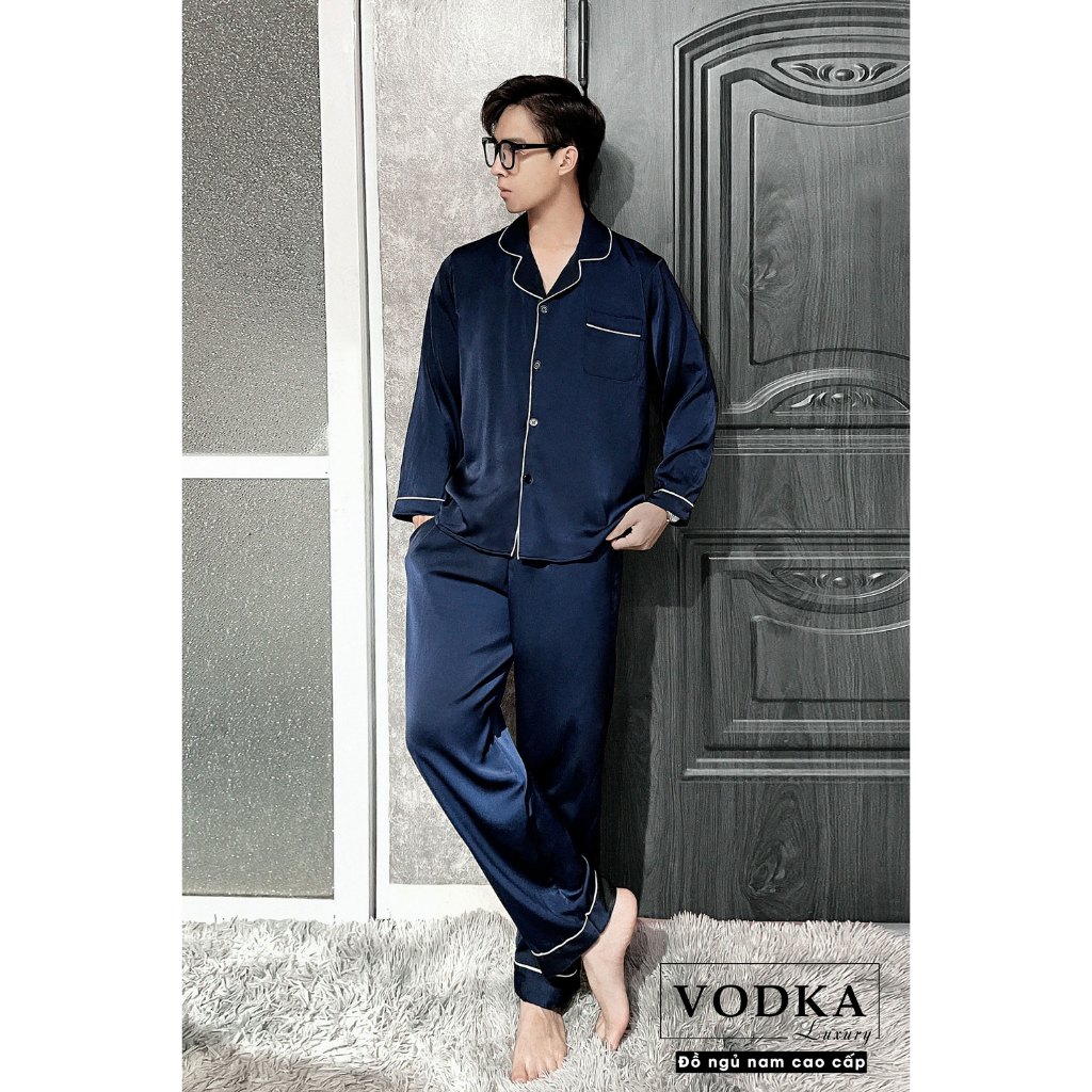 Đồ ngủ nam pijama nam mặc nhà màu xanh than trơn sang trọng dài