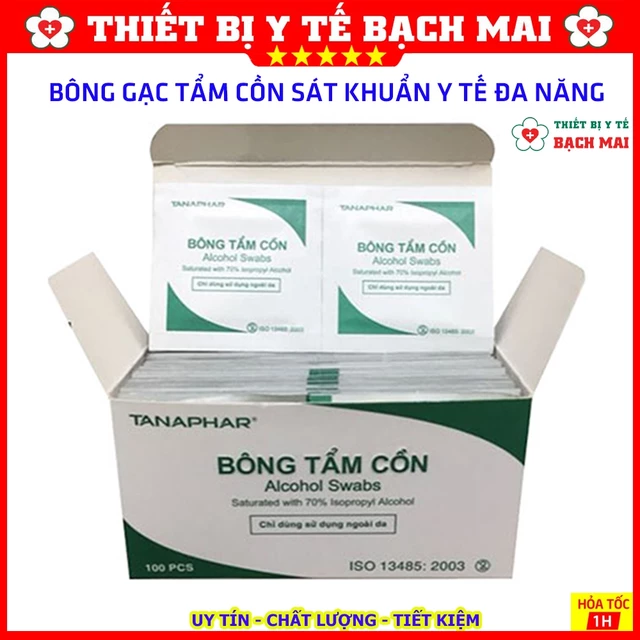 Hộp 100 Miếng Gạc Tẩm Cồn Sát Khuẩn, Bông Tẩm Cồn Y Tế Alcohol Pads TANAPHAR Dùng Trong Y Tế Và Làm Đẹp, Làm Móng