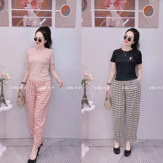 Sét Bộ Mặc Nhà Áo Tăm gân Thêu hình Thỏ phối quần Kẻ Đũi về 4 màu xinh