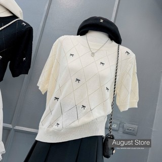 Áo Len Mongtoghi Ngắn Tay Thêu Họa Tiết Nơ Cổ Tròn Basic Vintage QCCC Cao Cấp Freesize