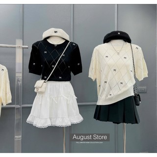 Áo Len Mongtoghi Ngắn Tay Thêu Họa Tiết Nơ Cổ Tròn Basic Vintage QCCC Cao Cấp Freesize