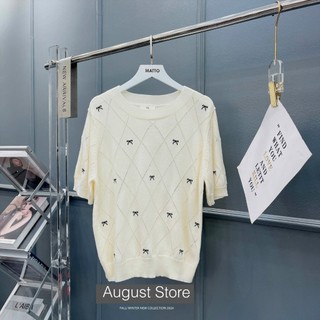 Áo Len Mongtoghi Ngắn Tay Thêu Họa Tiết Nơ Cổ Tròn Basic Vintage QCCC Cao Cấp Freesize