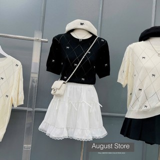 Áo Len Mongtoghi Ngắn Tay Thêu Họa Tiết Nơ Cổ Tròn Basic Vintage QCCC Cao Cấp Freesize