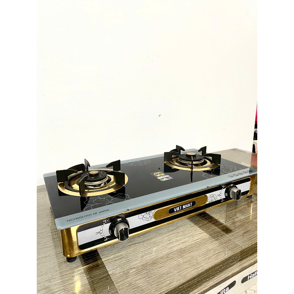 Bếp gas đôi Việt Nhật - Bếp gas đôi mặt kính, inox mạ vàng