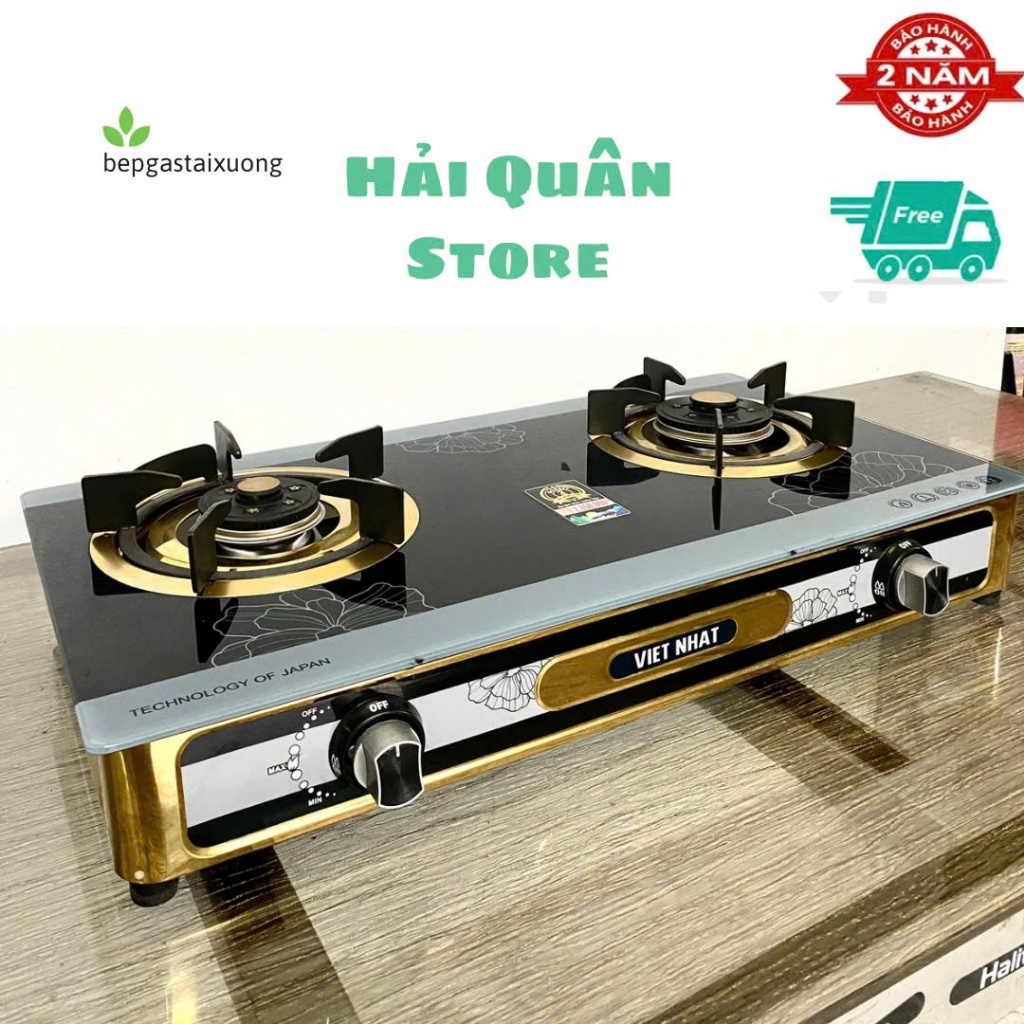 Bếp gas đôi Việt Nhật - Bếp gas đôi mặt kính, inox mạ vàng