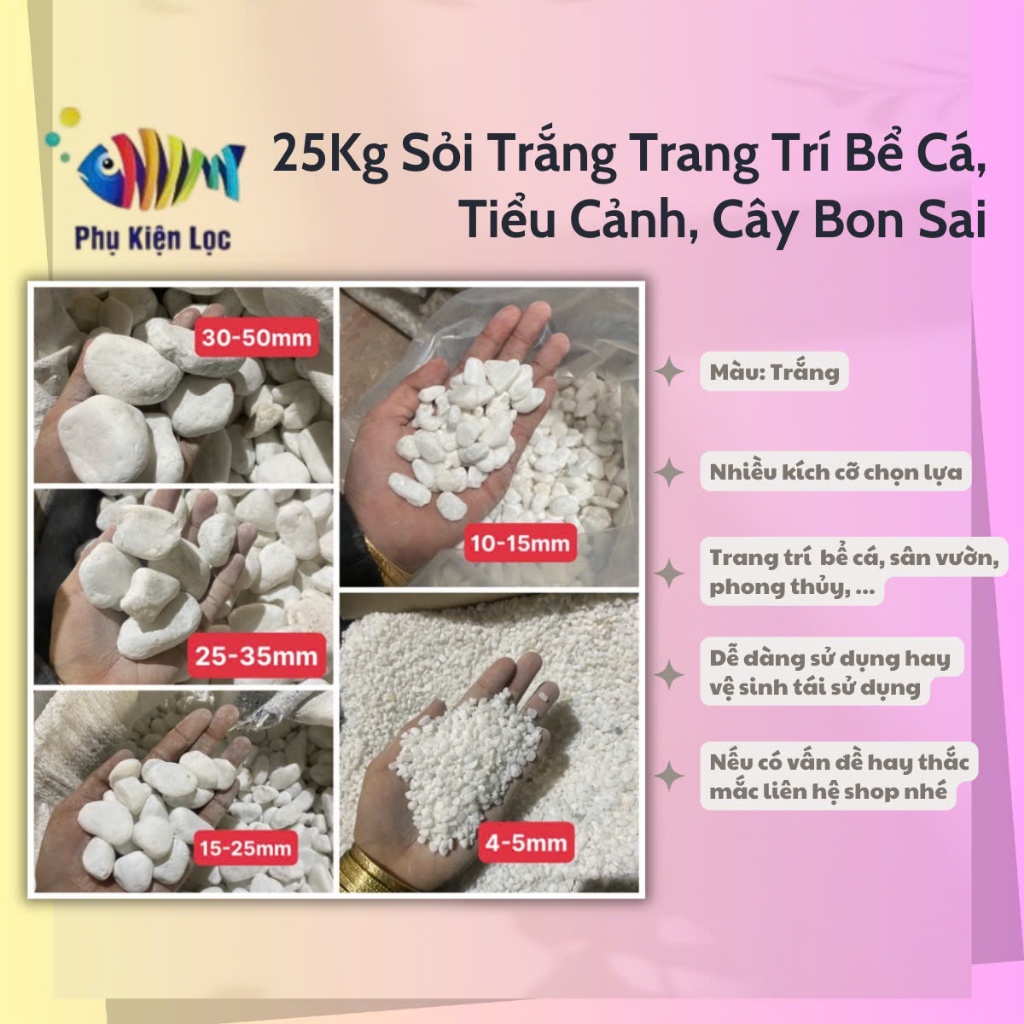 túi 25kg Đá Sỏi trắng trang trí hồ cá, Sỏi trang trí chậu cây cảnh, Đá trắng to lót nền sân vườn