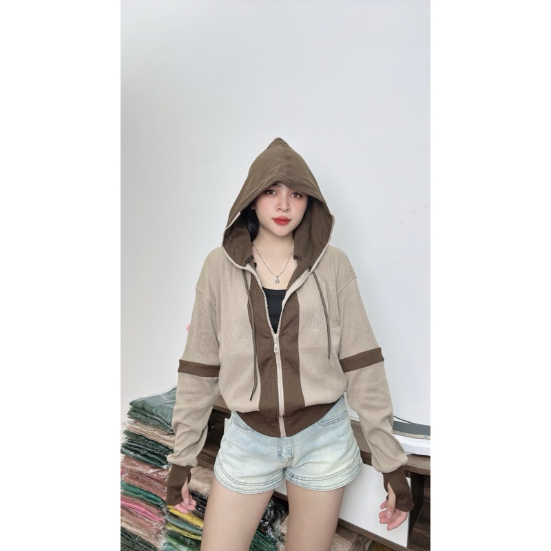 Áo khoác mix tà ( có nón + không nón ) , Vải gân tăm dày dặn chống nắng, form lửng - MT