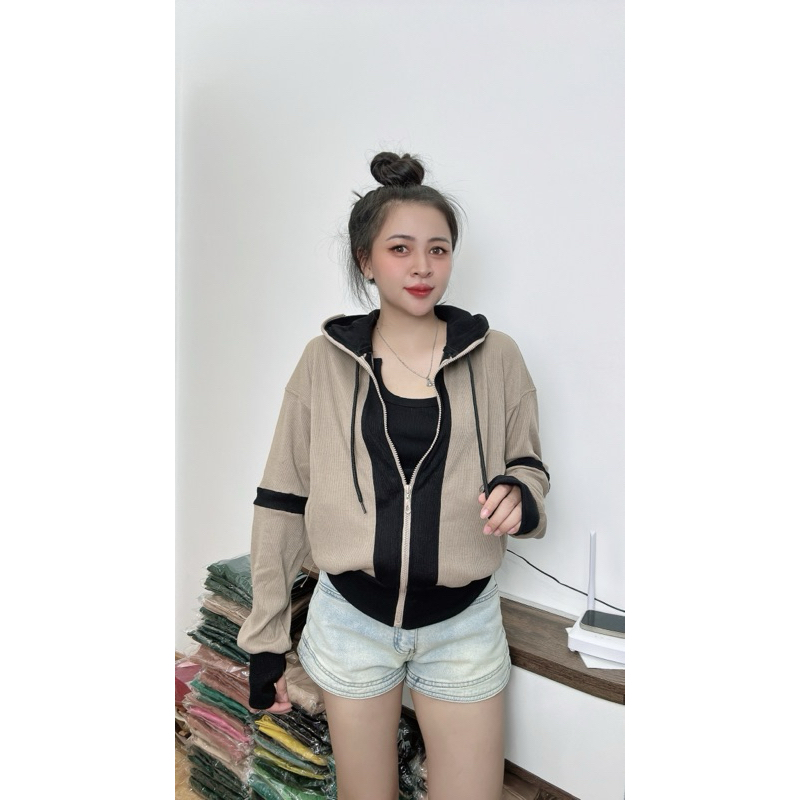 Áo khoác mix tà ( có nón + không nón ) , Vải gân tăm dày dặn chống nắng, form lửng - MT