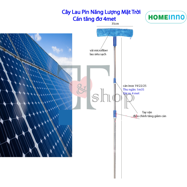 Cây Lau Tấm Pin Năng Lượng Mặt Trời Homeinno Cán Rút Tăng Đơ Kéo Dài 2met/3met/4met/5met/6met