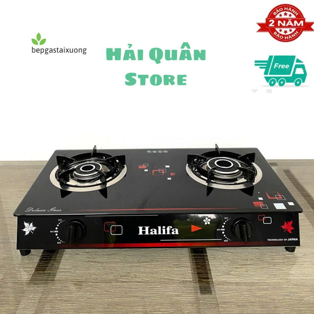 Bếp Ga đôi mặt kính TD78 Halifa- bếp ga họng to nhỏ lửa xanh kiềng chắn gió