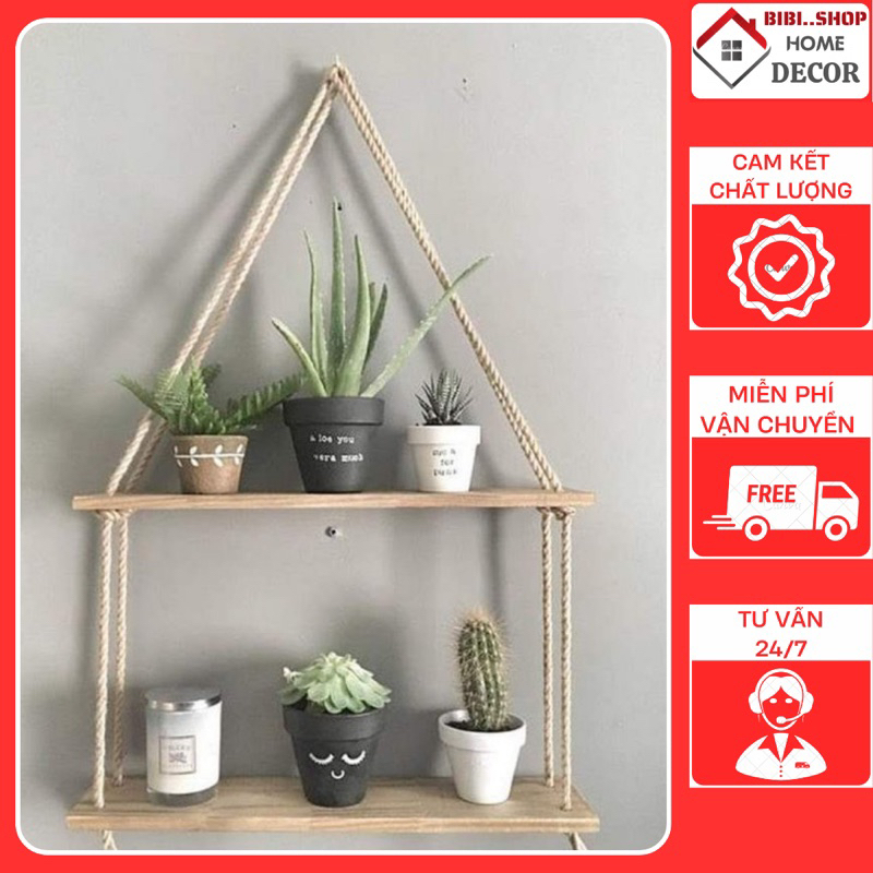 Kệ gỗ treo tường trang trí 3 tầng 4 tầng, Kệ treo tường dây thừng decor xinh