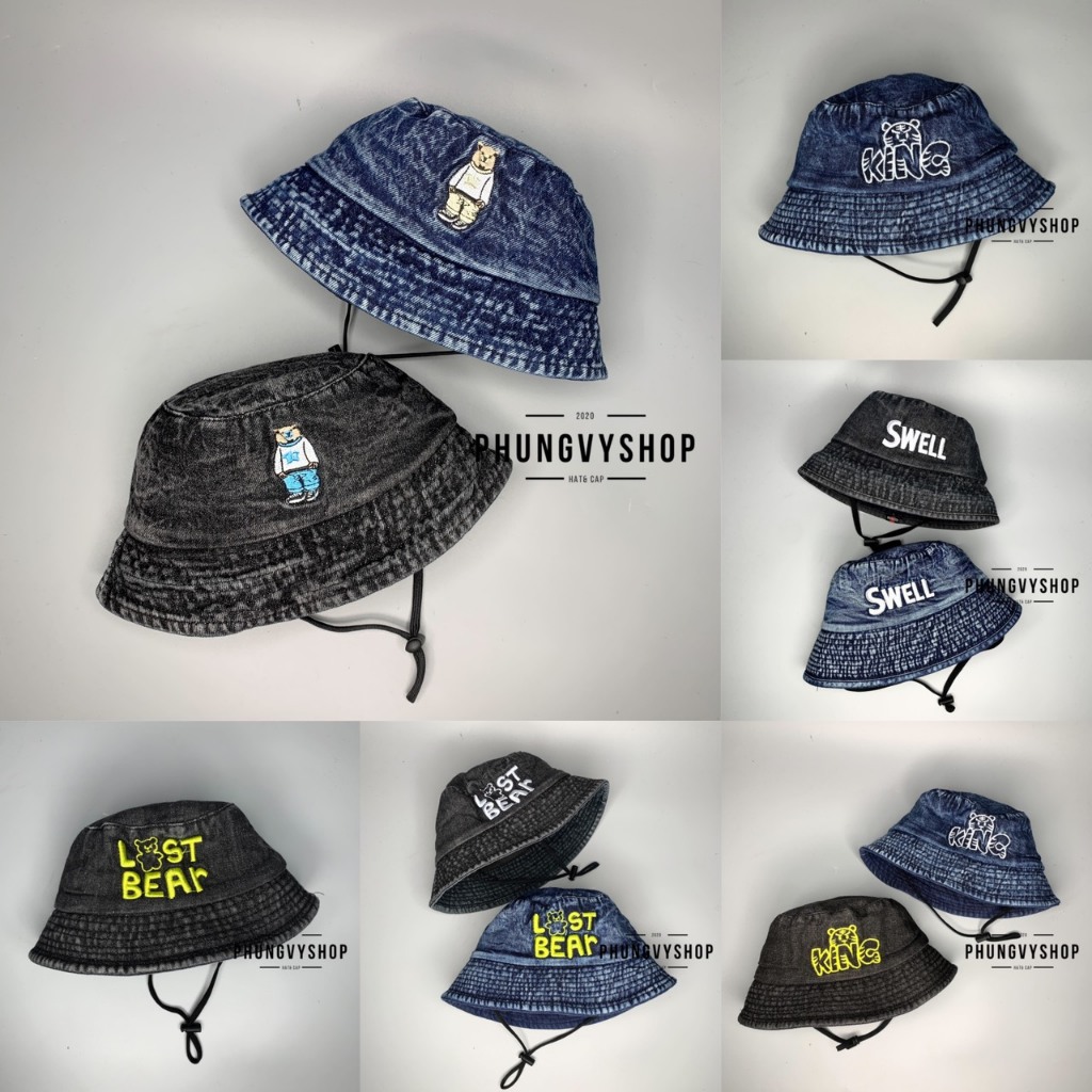 Bé Mũ denim bucket tai bèo vành trai gái trẻ em phungvyshop nón BO trug JEAN THÊU CÁC LOẠI