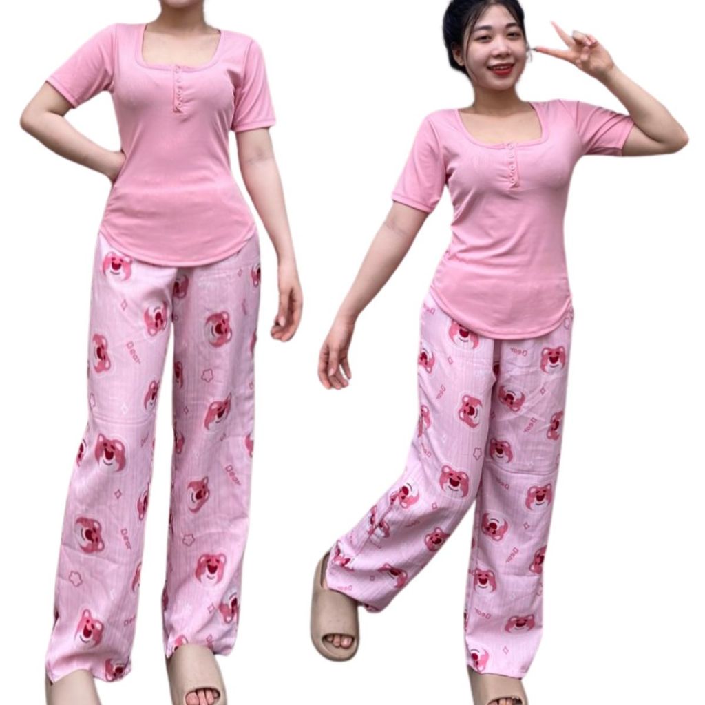 Đồ bộ mặc nhà nữ quần ống rộng có túi dài mặc đẹp form rộng ESHOP  Đồ Bộ Nữ quần ống suông rộng bigsize DB769