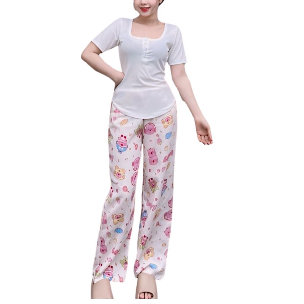 Đồ bộ mặc nhà nữ quần ống rộng có túi dài mặc đẹp form rộng ESHOP  Đồ Bộ Nữ quần ống suông rộng bigsize DB769