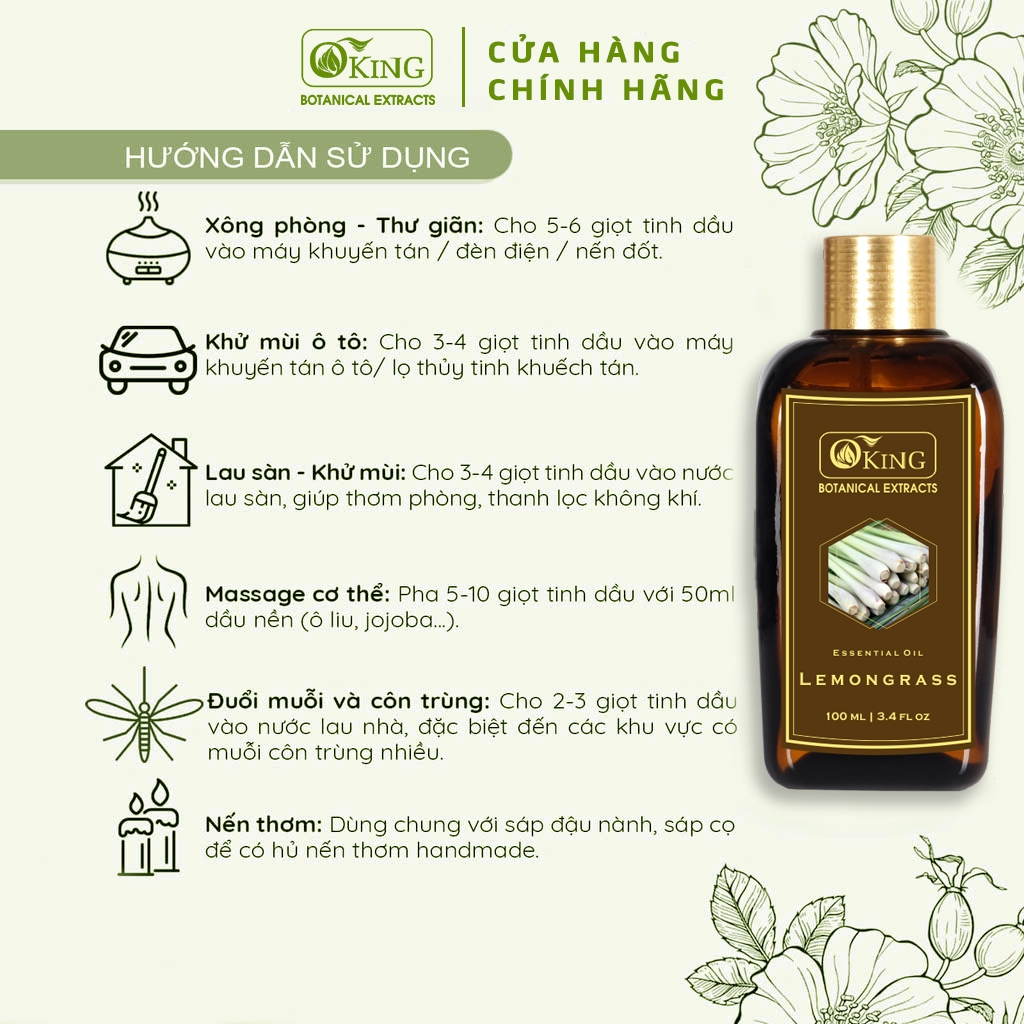 Tinh dầu Sả Chanh nguyên chất thơm mát, đuổi muỗi, thanh lọc không khí 100ml | Oking Việt Nam