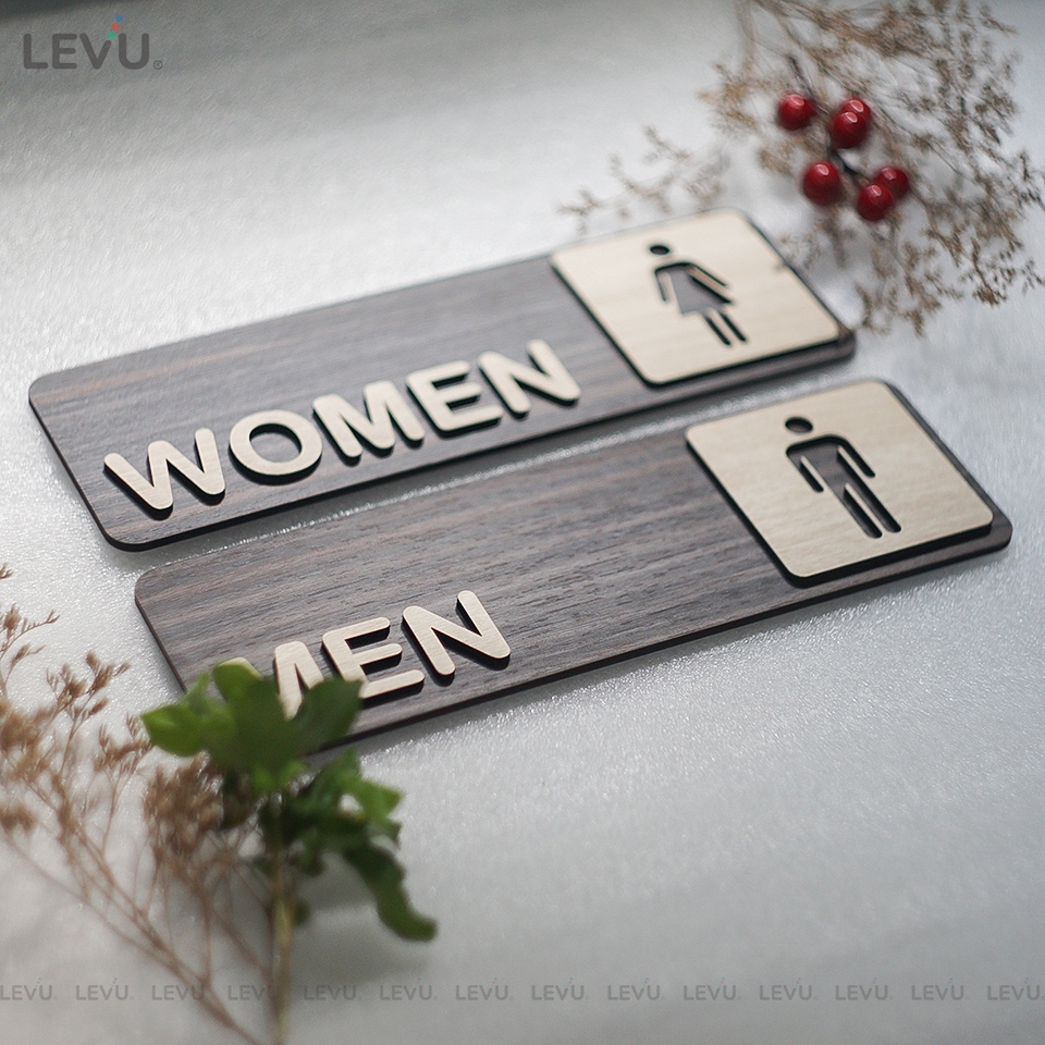 Bộ 2 bảng gỗ Toilet Men Women dán cửa trang trí nhà vệ sinh Nam Nữ LEVU-TL18