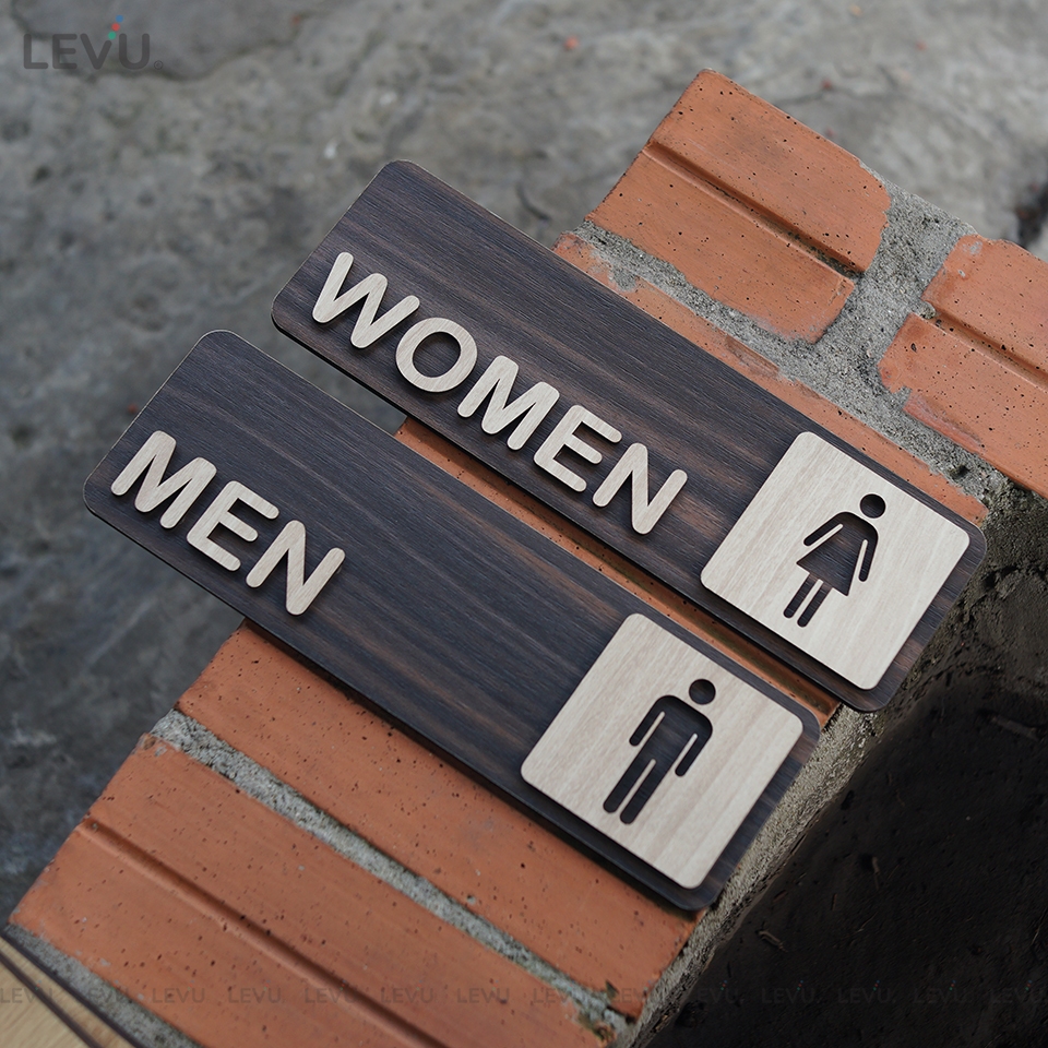 Bộ 2 bảng gỗ Toilet Men Women dán cửa trang trí nhà vệ sinh Nam Nữ LEVU-TL18