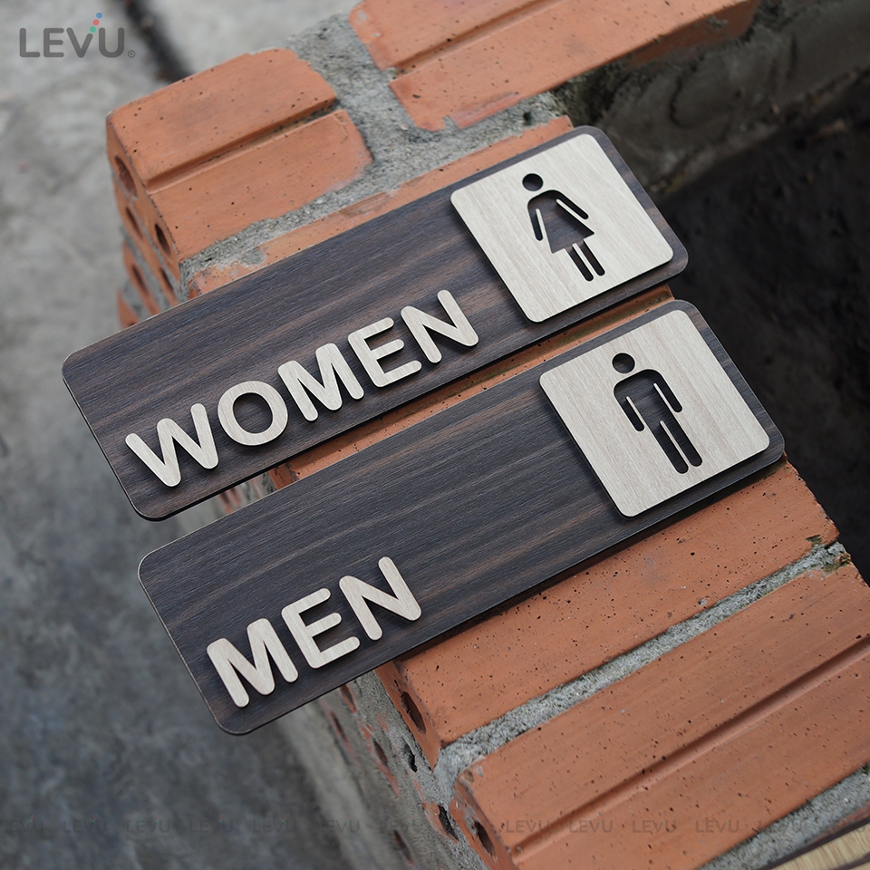 Bộ 2 bảng gỗ Toilet Men Women dán cửa trang trí nhà vệ sinh Nam Nữ LEVU-TL18