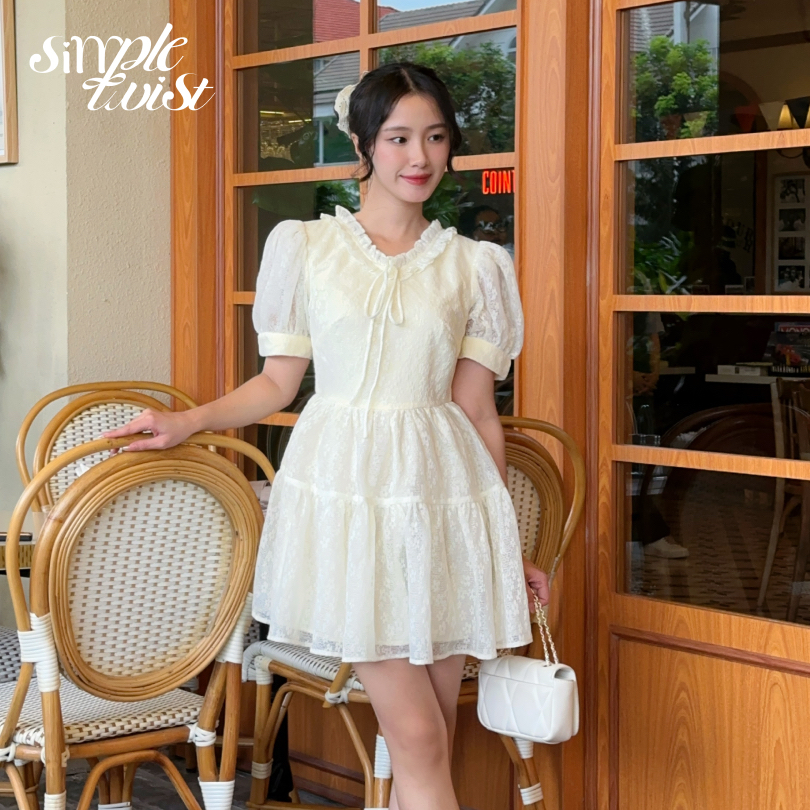 Ảnh Đầm váy hoa tay phồng cổ chữ V màu vàng chanh CICI phong cách tiểu thư sang chảnh - Simple Twist 2