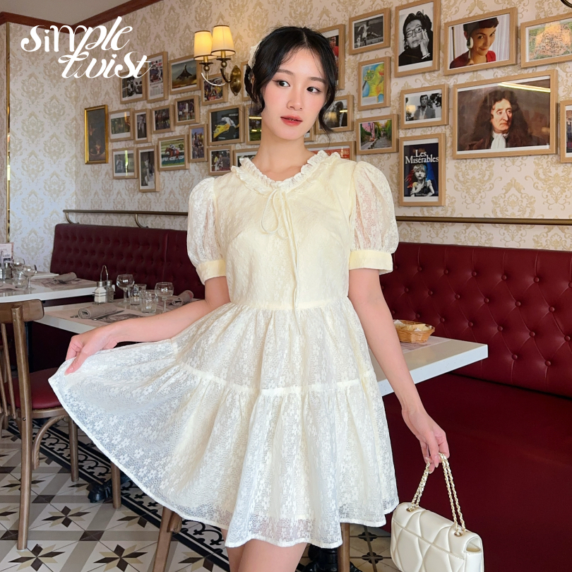 Ảnh Đầm váy hoa tay phồng cổ chữ V màu vàng chanh CICI phong cách tiểu thư sang chảnh - Simple Twist 3