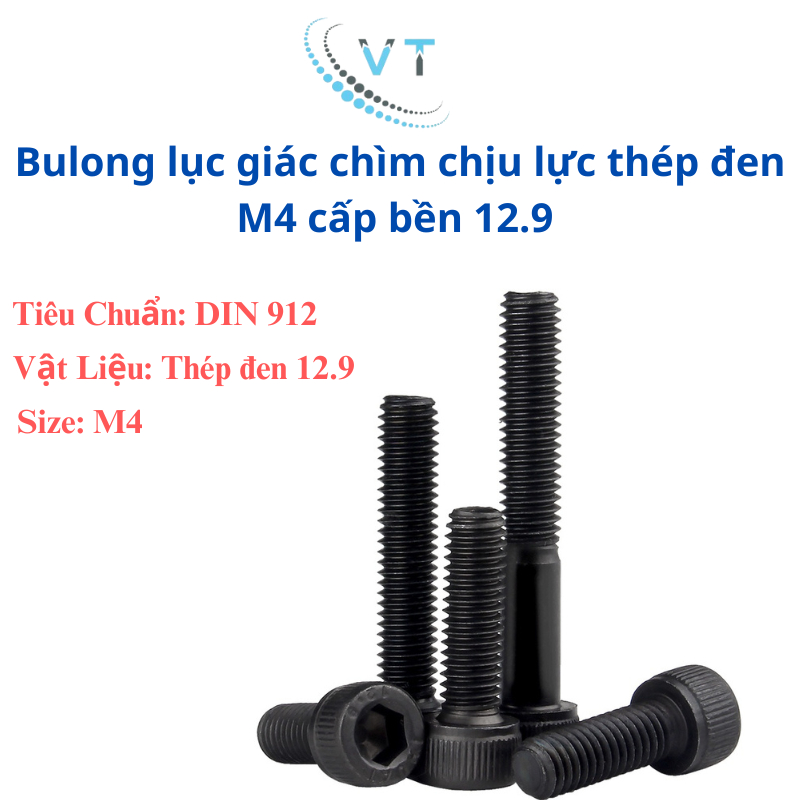 [Túi 20 Con] Bulong Lục Giác Chìm Đầu Trụ Thép Đen M4 (4 Ly) Cấp Bền 12.9 - Bu Lông Chịu Lực Cao Đủ Size 6mm Đến 50mm