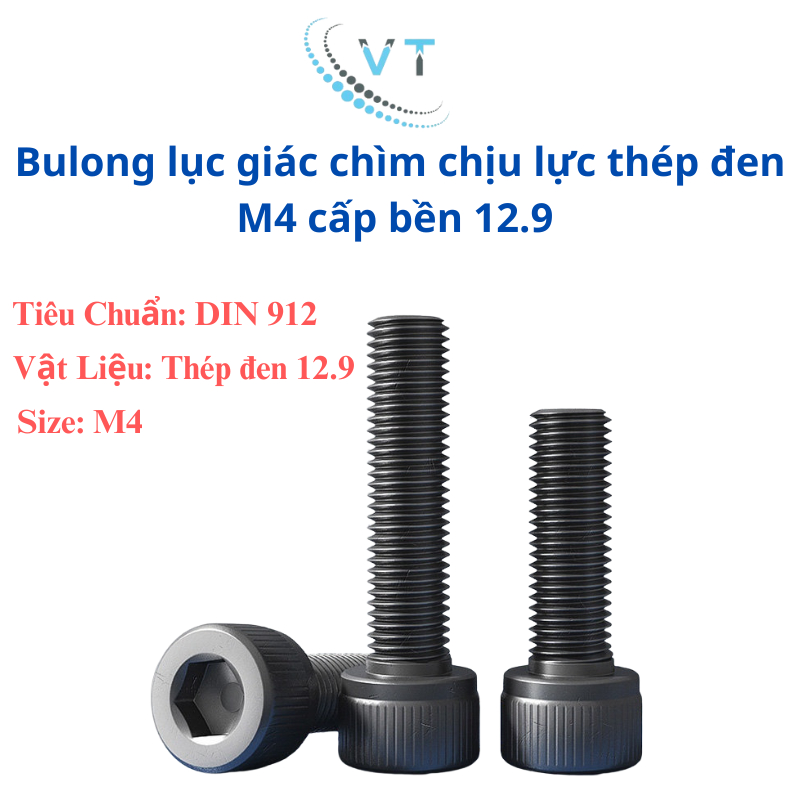 [Túi 20 Con] Bulong Lục Giác Chìm Đầu Trụ Thép Đen M4 (4 Ly) Cấp Bền 12.9 - Bu Lông Chịu Lực Cao Đủ Size 6mm Đến 50mm