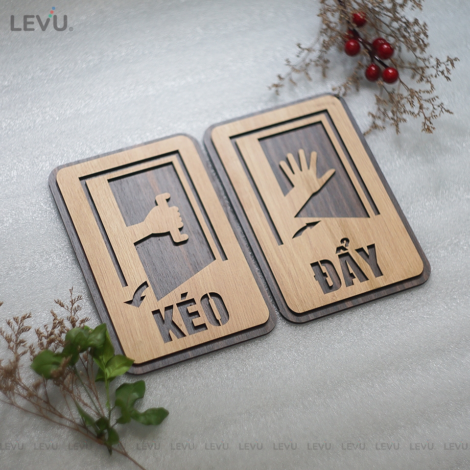 Bộ bảng gỗ decor vintage Kéo vào Đẩy ra dán cửa LEVU-TP07
